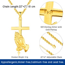 Eusense Gold-plated Praying Hand Necklace cross for Men Women religious jewelry Sterling Silver cross serenity prayer necklace crucifix praying hands pendant