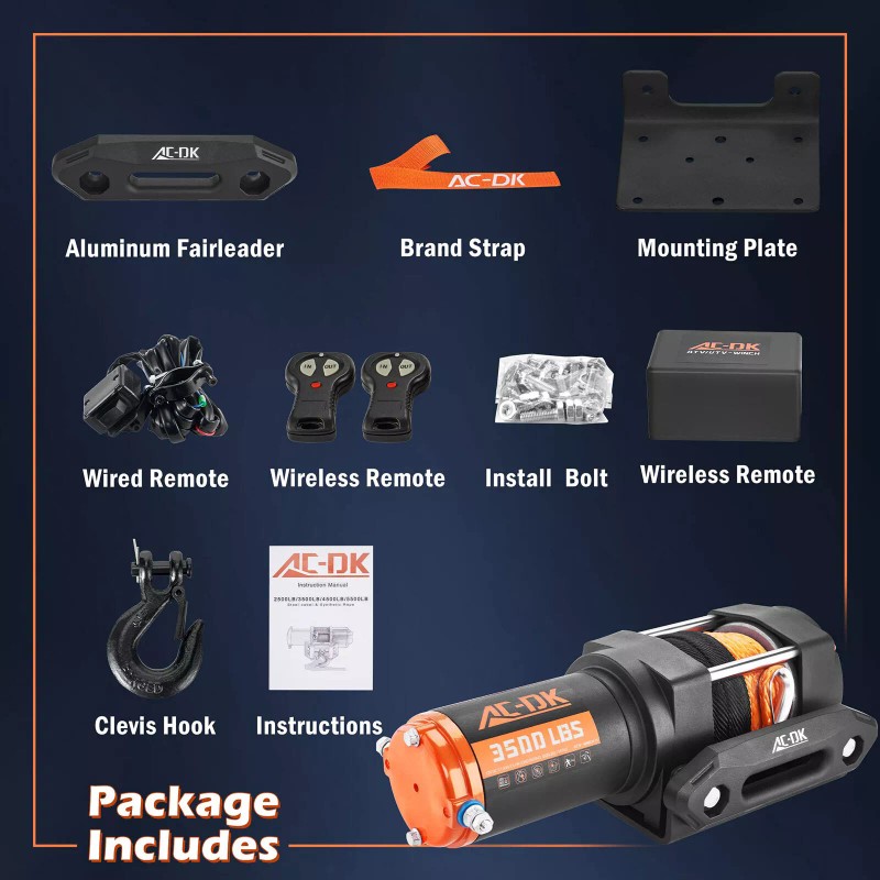 AC-DK 3500lb Electric Winch Synthetic Rope 12V Off-Road ATV UTV