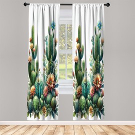 Ambesonne Cactus Window Curtains, Wilderness Theme Blooming Desert Flowers on Plain Backdrop Urban Jungle, Lightweight Decor 2-Panel Set with Rod Pocket, Pair of - 28" x 84", Fern Green Salmon White
