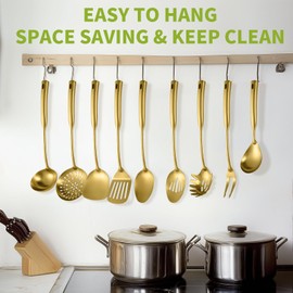 304 Stainless Steel Cooking Utensils Set, 9PCS Kitchen Utensils Set, Skimmer, Soup Ladle, Spaghetti Server, Wok Spatula, Slotted & Solid Spoon, Slotted Spatula Turner, Meat Fork & Rice Ladle, Gold