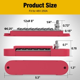 EOBJATU Bus Bar 1 x 1/4" Power Distribution Block 48V 150A with Copper Lug, 12 x #8 Screws Battery Busbar for Automotive RV, Solar Wiring and Boat(Black+Red)