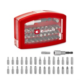 Original Compatible with Einhell Bit Box 32 Pieces (30 x 25 mm Bits CrV, 60 mm Quick Change Bit Holder, Socket Adapter, Storage Box with Belt Clip, Transparent Lid)