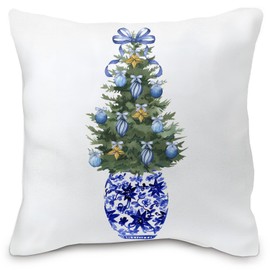Nvotell Chinoiserie Christmas Tree Pillow Cover - Christmas Blue and White Pillow Cover 18x18, Blue Coquette Bows Christmas Tree Room Decor