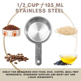 1/2 Cup Stainless Steel Measuring Cup | Sturdy Metal 125 ml | 125 cc | 4 oz | Single Cup for Wet and Dry Ingredients | Great for use as 1/2 Cup Dog Food Scoop - 4 PK