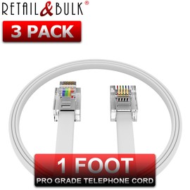 RetailAndBulk (3 Pack) 12 Inches Short Telephone Cable RJ11 Premium Quality, 6P4C Phone Line Cord (1 Foot, White)
