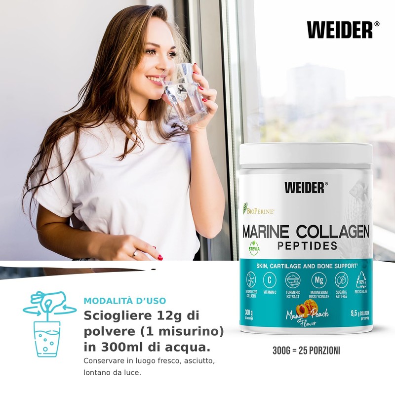Weider Marine Collagen (300g) Mango e Pesca, 9,5g di Collagene/porzione