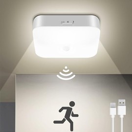 WhitePoplar Luz de armario recargable con sensor de movimiento, luz de techo recargable con batería, inalámbrica, 500 lúmenes, luz activada por movimiento inalámbrico para ducha, escaleras, pasillo