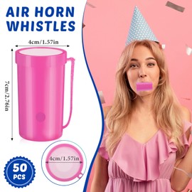 Jenaai 50 Pcs Mini Air Horn 3 Inch Noisemakers for Sporting Events Fun Stadium Loud Noise Maker Blow Horn Noise Whistle with Lanyard for Birthday Party Celebrations Goodie Bag(Pink)