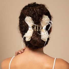 Radhu & Kabby Hair Clutcher for Women | Large Elegant Claw Clip with Bow Design | Hair Clip for Festive & Formal Events | Beige Colour | Ideal for Medium to Thick Hair | 1 Piece