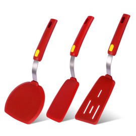 Hvanam - Juego de 3 espátulas de silicona resistente al calor de 700 °F (300 °F) sin arañazos, flexible ranurado y de goma fina sólida para cocinar panqueques, huevos, pescados, hamburguesas, filete para utensilios de cocina antiadherentes, rojo