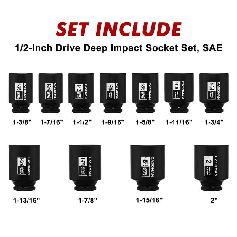 CASOMAN 11PCS 1/2-Inch Drive Large Impact Socket Set, 6 Point,