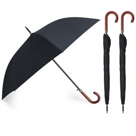 Silkfly 2 Pcs 48 Inch Auto Open Umbrella Wooden J Stick Handle Umbrella Windproof Unbreakable Fast Drying Rain Umbrella (Black)