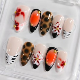 3D Floral Almond Press on Nails Medium Handmade Nails French Tip Thick Acrylic Fake Nails Autumn False Nails with Polka Dots Flower Zebra Print Designs Sturdy Nail Art Press on Nails 10Pcs(M)