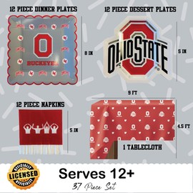 Ohio State party supplies with OSU tablecloth plates and napkins (37 piece set) for graduation, football tailgating, and birthday party decorations (Serves 12) (Ohio State Buckeyes)