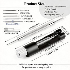 Herramienta de extracción de eslabones de reloj, kit de herramientas de correa de reloj premium con perforador, 6 reemplazos adicionales, 20 barras de resorte