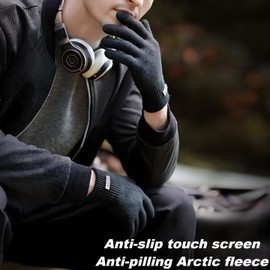 Thermal Knit Gloves,Fleece Lined Winter Gloves for Men,Grey Thick Warm Wool Gloves,Non-Slip & Anti-Pilling,Touchscreen Compatible（Black，Large）