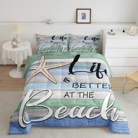 Erosebridal Beach Theme King Comforter Set,Cute Starfish Bedding Comforters & Sets Sea Ocean Themed Duvet Coastal Sealife Quilt Comforter,Vintage Rustic Farmhouse Decor Colorful Striped Bedroom Decor