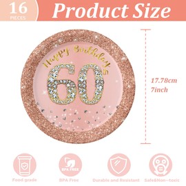 16Pcs 60th Birthday Rose Gold Paper Plates 7 inch,60th Rose Gold Woman Birthday Party Paper Plates,Happy 60th Birthday Tableware Decorations for Her,Women,60th Birthday Gifts Party Supplies