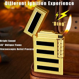Cigar Lighters Soft Flame Lighter Retro Grinding Wheel Traditional Butane Lighter with Adjustable Flame Dial Vertical Ignition Roller Classic Metal Relief Lighter (Gold)