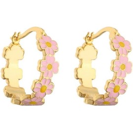 Daisy Flower Small Hoop Earrings for Women Girls Dainty Enamel Lucky Flowers Hoops Hypoallergenic Fashion Jewelry Presents Daughter Her Birthday (Pink, A pair)