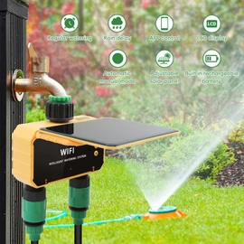 Smart WiFi Solar Irrigation Controller with Rain Sensor, Automatic Garden Watering Timer APP Control for Yard Lawn, Compatible with Drip Sprinkler System (2 Outlets)