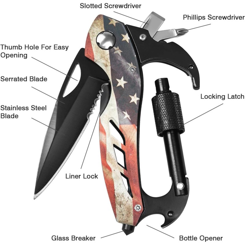 NoBrand Multitool Carabiner Knife Tools for Men, Style: USA Flag