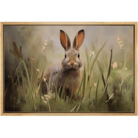 MUDECOR Framed Canvas Print Wall Art Curious Rabbit Amidst Spring Grass Illustrations Realism Decorative Scenic Panoramic Earth for Living Room, Bedroom, Office - 16"x24" NATURAL