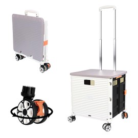 FELICON SELORSS Foldable Utility Cart Folding Portable Rolling Crate Handcart with Durable Heavy Duty Plastic Telescoping Handle Collapsible 4 Rotate Wheels for Travel Shop Move Luggage Office(White)