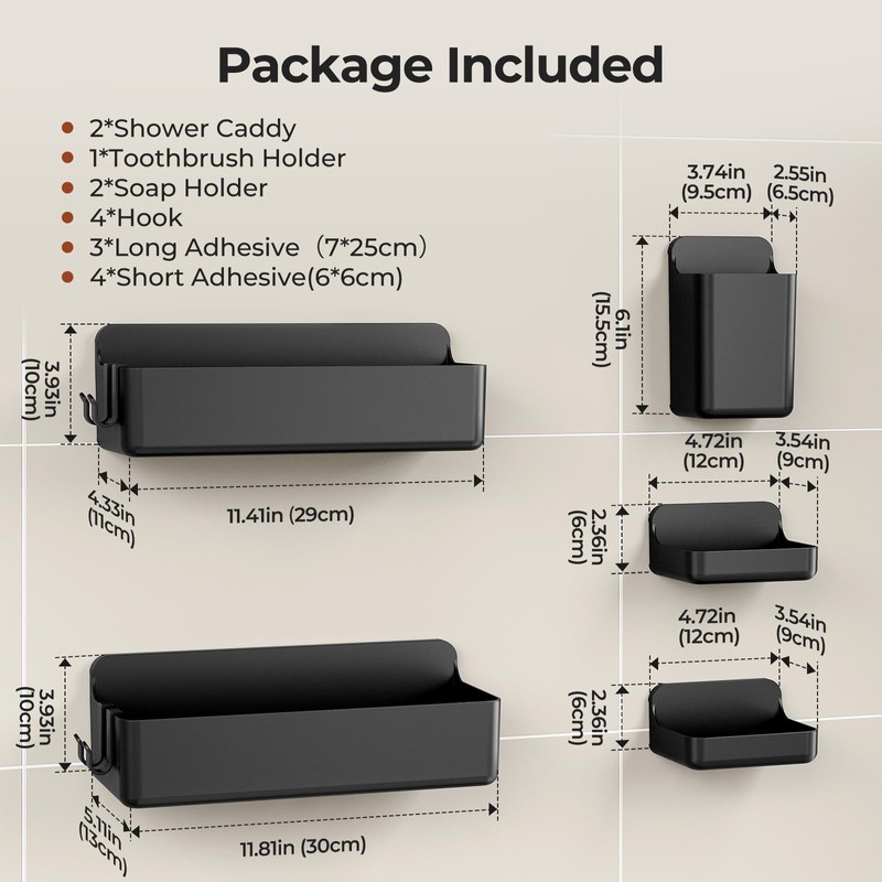 Orimade Shower Caddy 5-Pack, No-Drill Adhesive Shelves for Bathroom, Rustproof