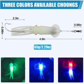 Saltwater Squid Fishing Lure Squid Rigs,LED Fishing Lure Squid Jig 6/0 Trolling Hooks Salmon Halibut Lincod Jig Trolling Lures Deep Drop Light Flasher Mackerel Tuna Striper Lures (Multiple Color)