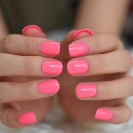 Neon Short Nails Summer Color Fake Nails Deep Pink Ladies Bright Color Designed ABS Material Fingernails with Adhesive Tabs
