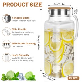 Ezvsevuo Glaskaraffe 1,8 Liter Wasserkaraffe mit Holzdeckel,Karaffe Glaskrug für Heißes Wasser,Kaltes Wasser,Eistee,Milch 1800ml Glas Krug Wasserkaraffe Glas mit V-förmiger Auslauf für Fruchtsaft