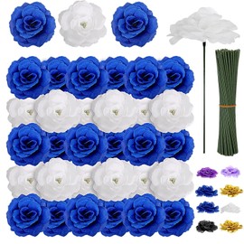 108 flores de cabeza de rosas con tallo, flores artificiales azules y blancas, rosas a granel, flores falsas de seda azul real para ramo de boda, fiesta, decoración del hogar, bricolaje, centros de