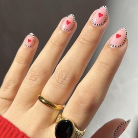 Valentine's Day Press on Nails Almond Medium Fake Nails with Red Heart Rhinestone Designs Wine Red Glue on Nails Cute 3D Bow Acrylic False Nails Valentines Stick on Nails for Women 24Pcs