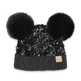 C.C Baby Pom Pom Multicolored Beanie for Boys Girls- Comfortable Soft Warm Infant Baby Knit Skully Hat (US, Age, 0 Months, 6 Months, Sequin Black)