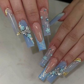 Extra Long Press on Nails Square Fake Nails French Tip False Nails with 3D Rhinestones Butterfly Pearl Designs Glitter Blue Y2K Fake Nails Full Cover Stick On Nails Glue on Nails for Women 24 Pcs