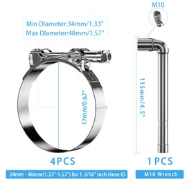 PEROMI 4 Pack 1-3/16 Inch T Bolt Hose Clamps Working Range 38-40mm for 1-3/16 Inch Hose ID, Stainless Steel Turbo Intake Intercooler Clamps