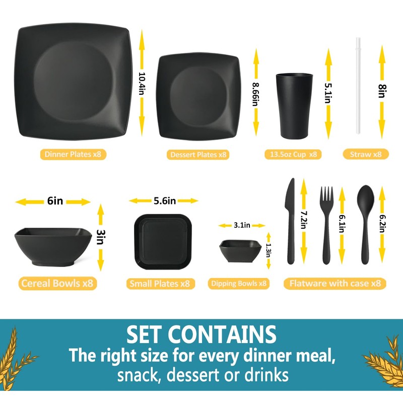 Teivio 80-piece Plastic Kitchen Wheat Straw Square Dinnerware Set for