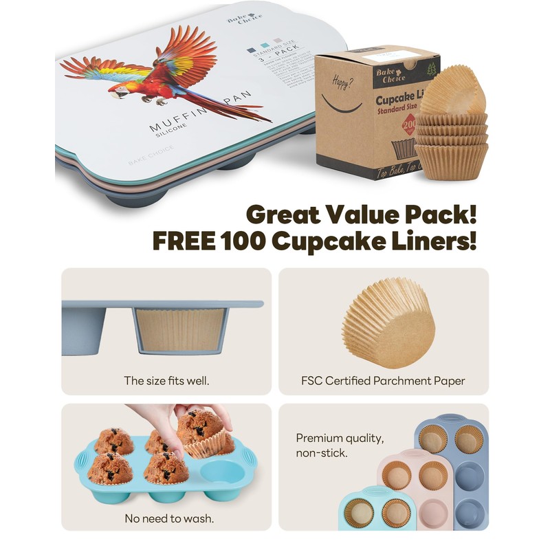 Bake Choice Silicon Muffin Pan-3-pack includes 100 Natural Cupcake Liners,