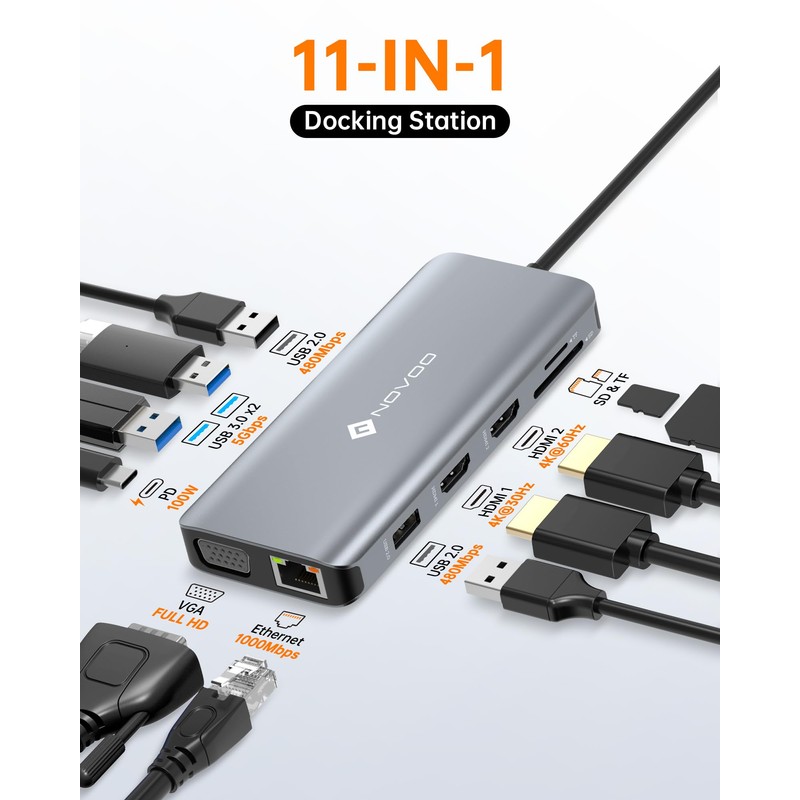 NOVOO USB C Docking Station Triple Monitor, USB C Hub