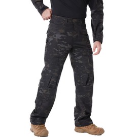 MERJAZ Tactical Pants for Men Water Resistant Hiking Pants Camo Cargo Pants with 10 Pockets No Belt and Kneepad Black Camo 30