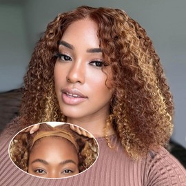 Ailwelia Highlight Blonde Wear And Go Glueless Curly Bob Wig Human Hair Pre Plucked 4/27 5x5 Hd Lace Closure Wigs Human Hair For Black Women 200% Density Deep Wave Glueless Wigs Human Hair Bob 12 Inch