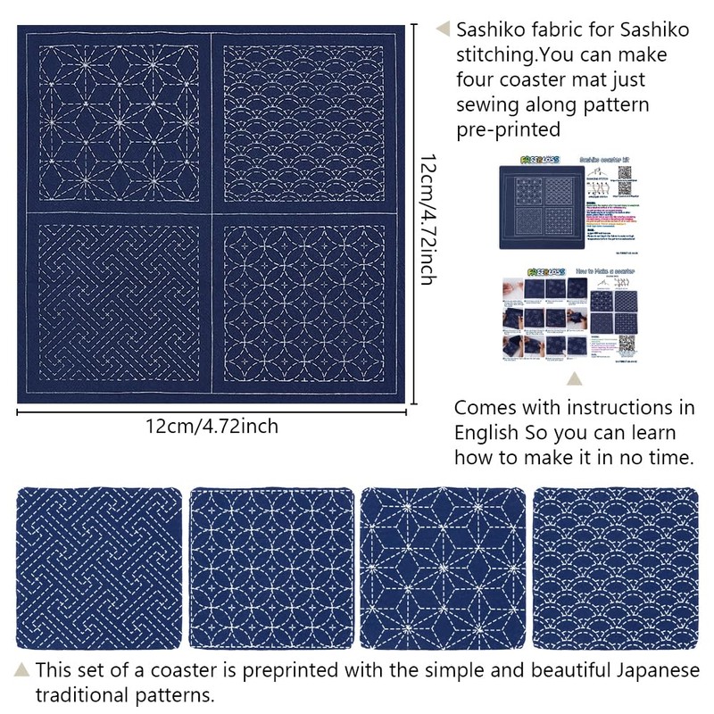 FREEBLOSS 4 Set Sashiko Coasters DIY Kit with Instructions Pre-