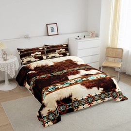 Erosebridal Cowhide Quilt Brown Highland Cow Print Queen Comforter Set,Western Bedding Set Exotic Aztec Duvet Insert,Farmhouse Wild Animals Longhorn Skin Room Decor Cowboys Gifts for Men