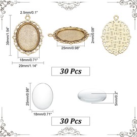 PH PandaHall 60pcs Gold Pendant Trays Kit, 30pcs Oval Blank Bezel Pendant Trays Base, 30pcs 25x18mm Glass Cabochon Dome Tiles for Bridal Wedding Bouquet Graduation Photo Charm Making DIY