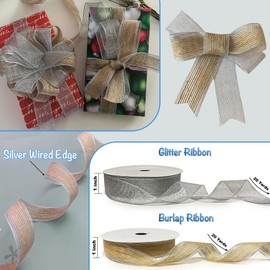 Natural Burlap Silver Wired Edge & Silver Glitter Ribbon for Gift Wrapping 1 Inch *40Yards Thick Ribbon for Wreaths Beige 2 Rolls for Crafts and Decor Versatile Jute for DIY Projects-Heather's cf