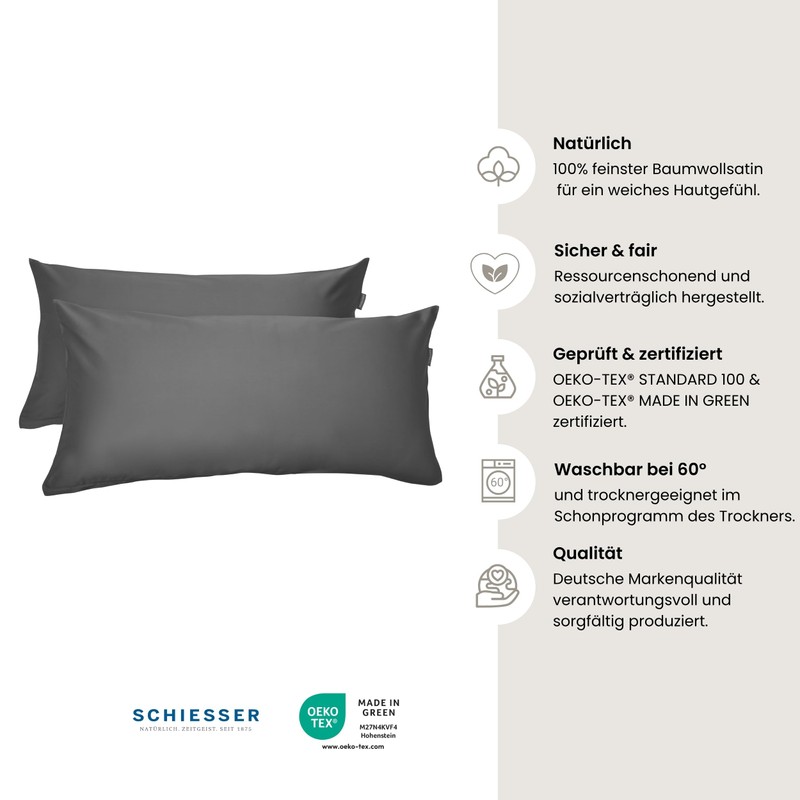 Schiesser Ella Cushion Cover Set, 2-Piece Set, Plain, Satin, 100%