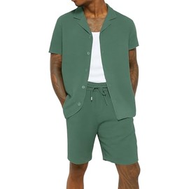 Mens Crinkle Textured Co-ord Shirt Short Set Anti Wrinkle Two Piece Breathable Top & Bottom Summer Beach, Olive, M