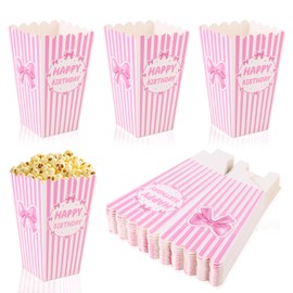 BOXOB 24pcs Pink Ribbon Popcorn Containers, Small White Pink Striped Popcorn Bags Happy Birthday Cardboard Candy Snack Containers for Movie Night Birthday Party Favor Supplies