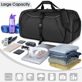 Lubardy Travel Duffle Bag for Men 65L Large Foldable Holdall Bags with Shoe Compartment Water Resistant Weekend Overnight Bag for Camping Gym Weekender Black